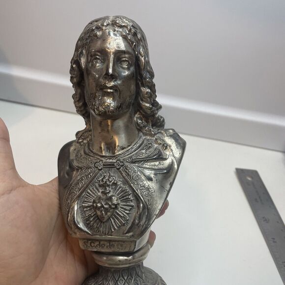 Antique Silver Plate Sacred Heart Statue Of Jesus About 7”H - Picture 4 of 9